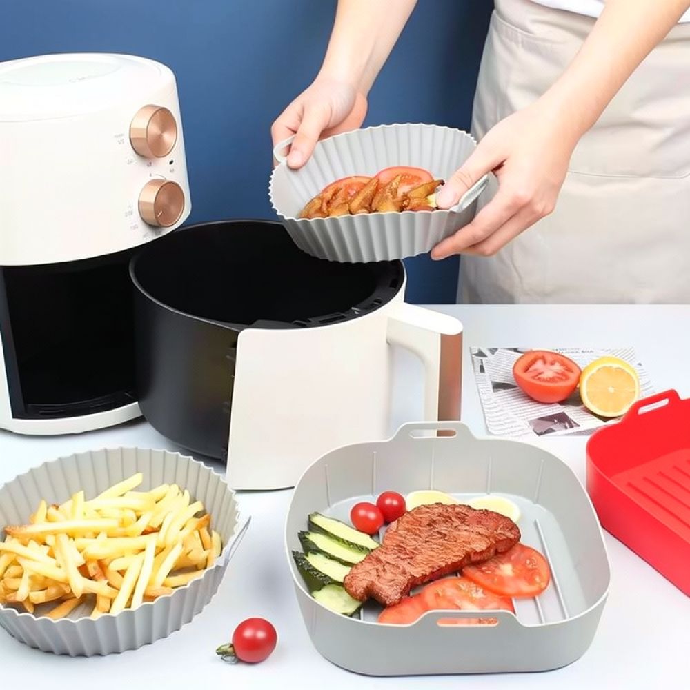 Air Fryer Silicone Pot Liner - ถาดซิลิโคนสี่เหลี่ยมใช้ซ้ำได้สำหรับหม้อทอดไร้น้ำมัน ตะกร้าอบกันติด ถาดทำอาหาร อุปกรณ์ทนความร้อนสำหรับทำอาหารในครัว